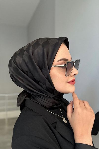 Merve ROSE Μαύρο με σχέδιο σκακιέρας, Αντιολισθητικό βαμβακερό κασκόλ ζακάρ