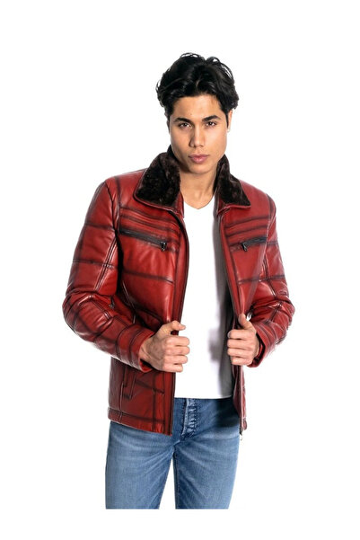 db deriburada original Erkek Yakası Kürklü Deri Mont