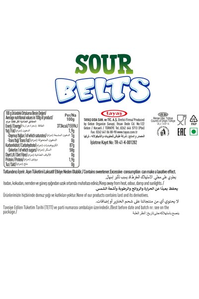 TAYAŞ Damla Sour Belts Licorice Rainbow Carton Box 15 Gr X 72 Pieces Boxed