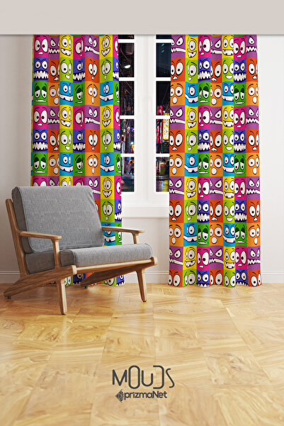 Moud's Funny Face Desenli Fon Perde Genç Odası Oturma Odası Süet Baskılı Ekst...