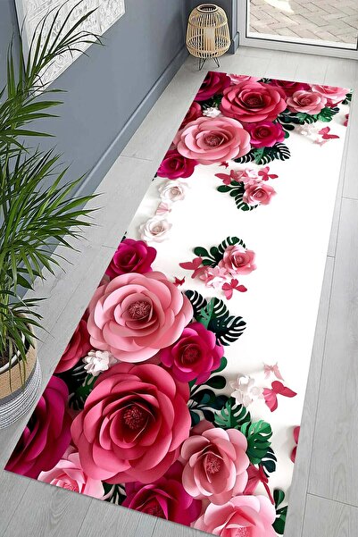 on the clouds Gül Desenli Dijital Baskı Yıkanabilir Kaymaz Taban Vintage Salo...