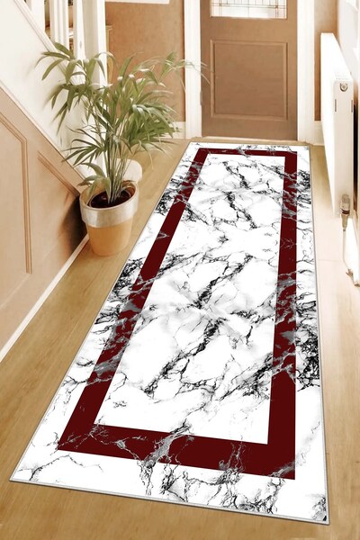 Pelangi Mermer Desenli Bordo Çerçeveli Dijital Baskı Yıkanabilir Kaymaz Taban...