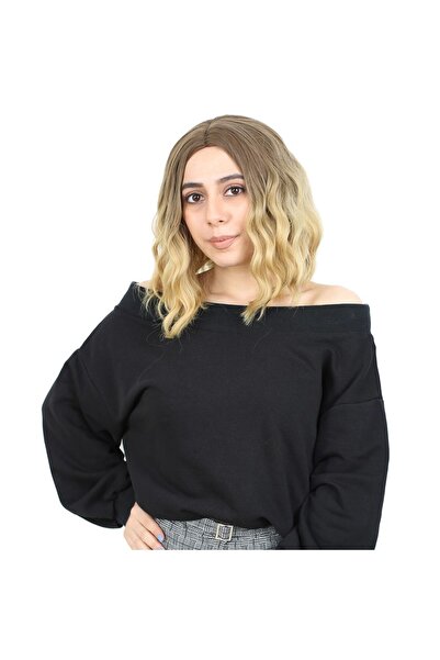 Mina Peruk Fiber Sentetik Kısa Dalgalı Perçemsiz Peruk - Kumral / Sarı Ombreli