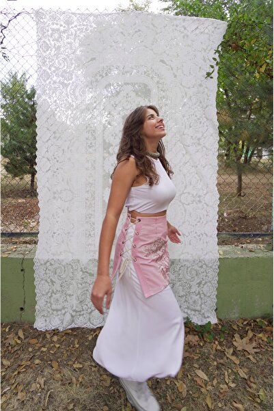 KİİMO Kanvas Keten Yanlardan Bağlamalı Fransız Köylüleri Aplikeli Çizgili Etek