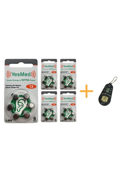YesMed Extra Power 13 Numara İşitme Cihazı Pili (5 Paket x 6 Adet = 30 Adet Pil) Pil Ölçer