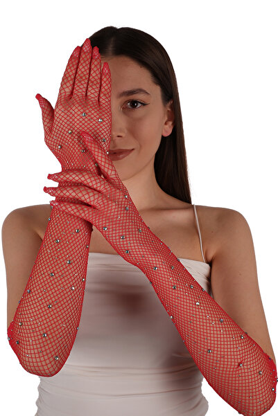 Limelia Taşlı Likra Tül Eldiven Parti ve Balo Eldiveni Kırmızı