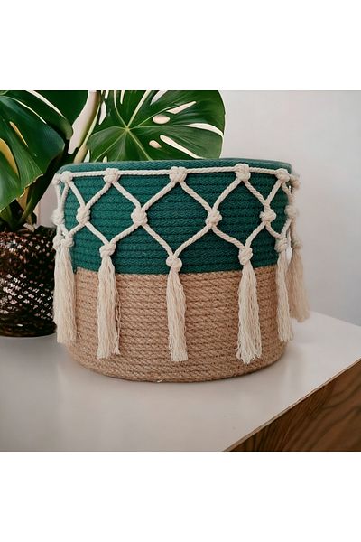 HandmadeSNM سلة خوص مزخرفة بوهيمية - أصيص زهور، صناعة يدوية، 25x20 سم