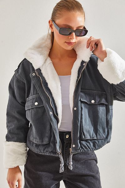 Bianco Lucci Women's Zippered Furry Denim Coat 224160141005