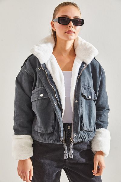 Bianco Lucci Women's Zippered Furry Denim Coat 224160141005