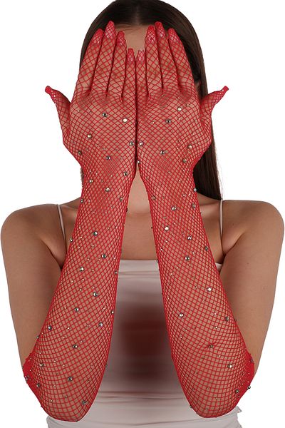 Limelia Elegant Bright Jewelled Bridal Wedding Gloves Red