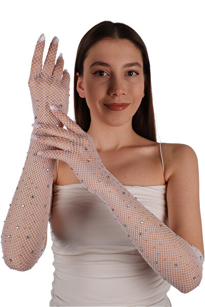 Limelia قفازات شبكية مرصعة بأحجار لامعة لحفلات الزفاف باللون الأبيض