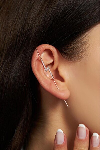 Roza Silver Zirkon Taşlı Rose Şimşek Motifli Baston Kıkırdak Küpe