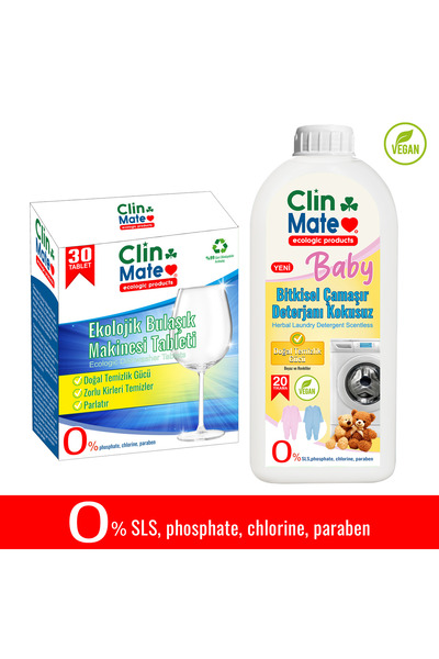 Clinmate 2'li set Ekolojik Bulaşık Tableti 30'lu + Bitkisel BEBEK Çamaşır Deterjanı KOKUSUZ 750 ml 20 yk