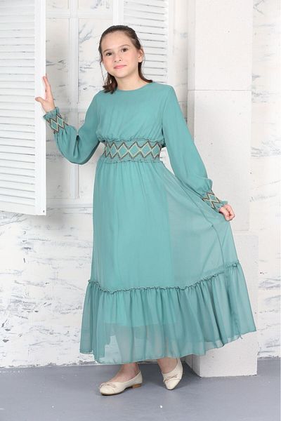 Asortix Girl's Mint Green Chiffon Dress Long Neck Lined Hijab Dress Gilet