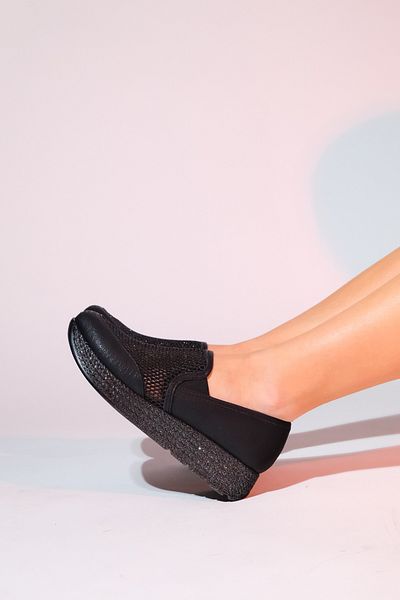 LuviShoes PURCAN Schwarze Glitzer-Mesh-Freizeitschuhe für Damen mit dicker Sohle