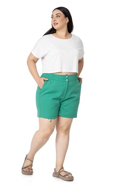 DISENTIS MODEST Large Size Benetton Green Shorts with Side and Back Elastic Pockets