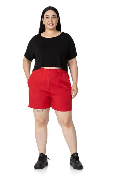 DISENTIS MODEST Large Size Red Shorts with Elastic Waist and Back Pockets
