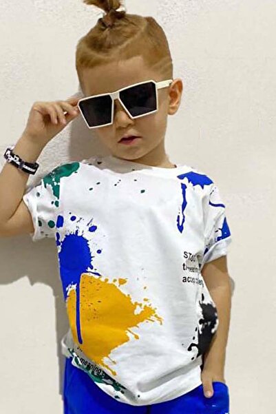 Riccotarz Boy's Brush Paint Patterned Blue Shorts Set with Pockets