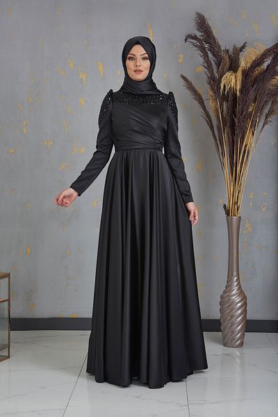 Surikka Βραδινό φόρεμα Bersu Hijab με χάντρες με παγιέτες μπροστά μαύρο