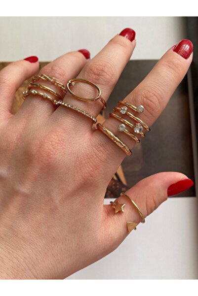 Pinery Jewels Zirkon Taşlı Altın Kaplama Çoklu Yüzük Seti