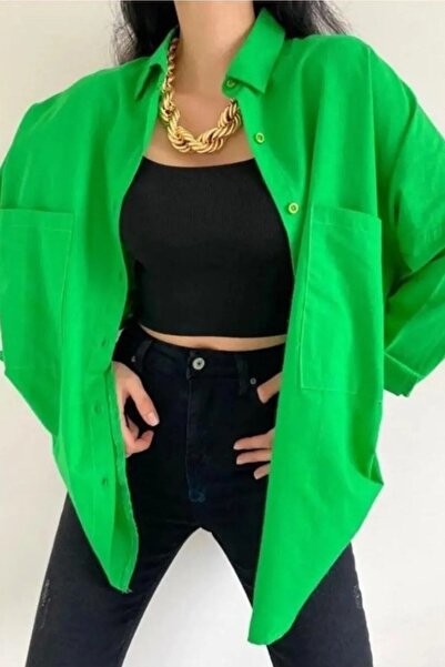 bb butik basic Kadın Çift Cepli Oversize Keten Dokuma %100 Pamuk Gömlek