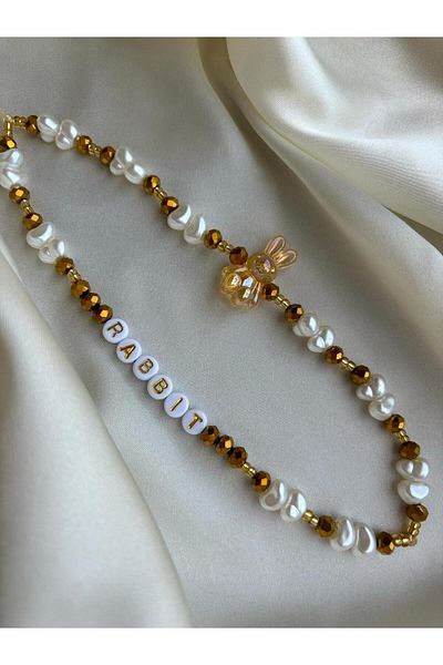 PEONY - peonyofficiall Rabbit and Gold Crystal Detailed Phone Charm Rabbit Written Phone Lanyard