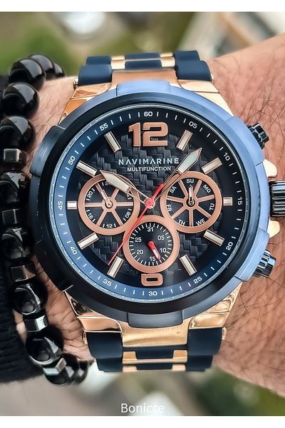 Navimarine Brand Black Silicone Band Functions Active Men's Wristwatch+bracelet