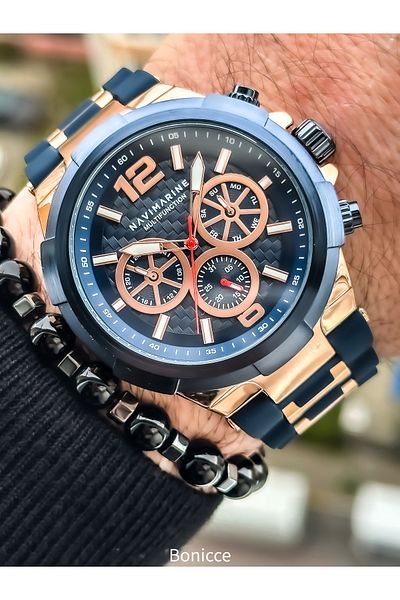 Navimarine Brand Black Silicone Band Functions Active Men's Wristwatch+bracelet