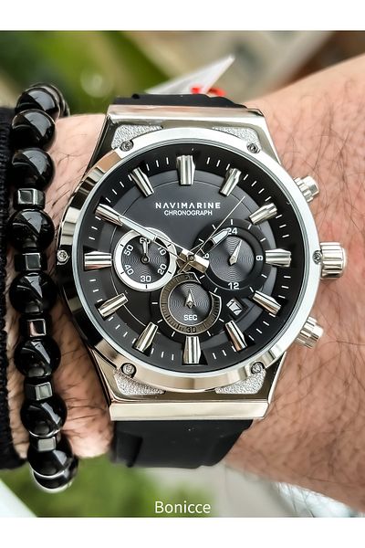 Navimarine Brand Black Silicone Band Functions Active Men's Wristwatch+bracelet