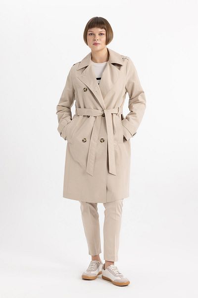 DeFacto Double Breasted Collar and Belt Epaulettes Seasonal Trench Coat - Water Repellent, Button Closure and Pocket A0593Ax24Sp