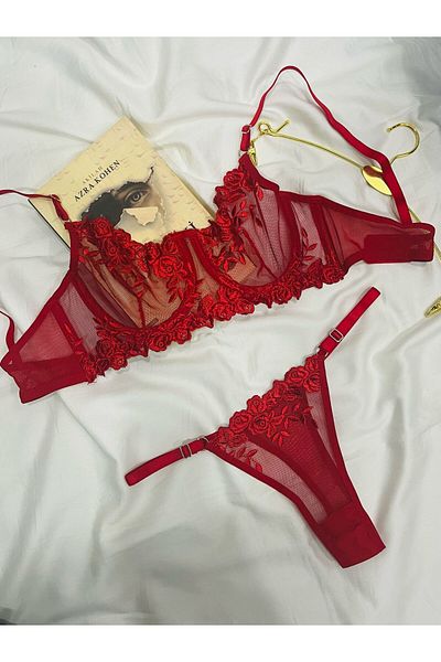 mendoza store Red Rose Floral Legendary Brode Thong Bra Set
