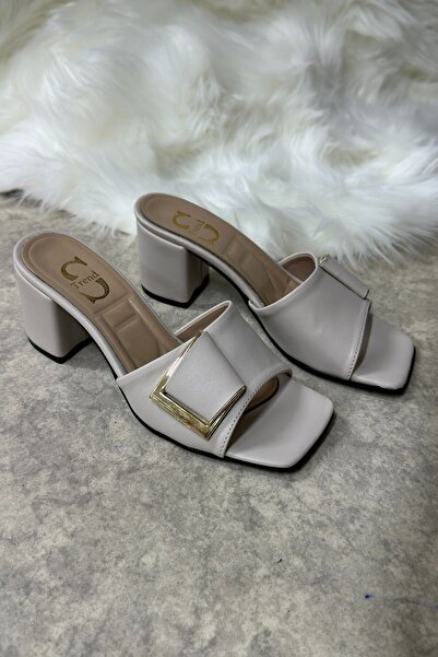 Allyup Casual Beige Women's Slippers Buckle Thick Heeled Banded Blunt Toe Comfortable Soft Sole 219