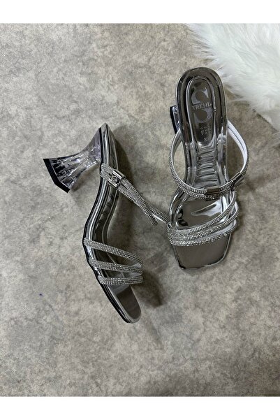 Allyup Silver Rhinestone Hologram Thick Transparent Heeled Blunt Toe Evening Dress Sandals - 6100