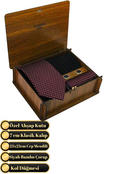 Elegante Cravatte Micro Pattern Claret Red Tie with Wooden Box - Pocket Handkerchief - Cufflinks - Socks Set