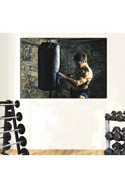 My canvas Kum Torbasıyla Çalışan Kick Box Sporcusu Kanvas Tablo