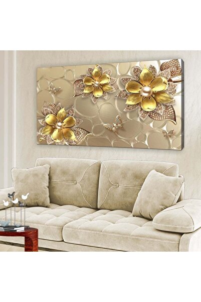 My canvas Üç Boyutlu Gold Taşlı Çiçekler - Kanvas Tablo 60x120cm-hykvs-430