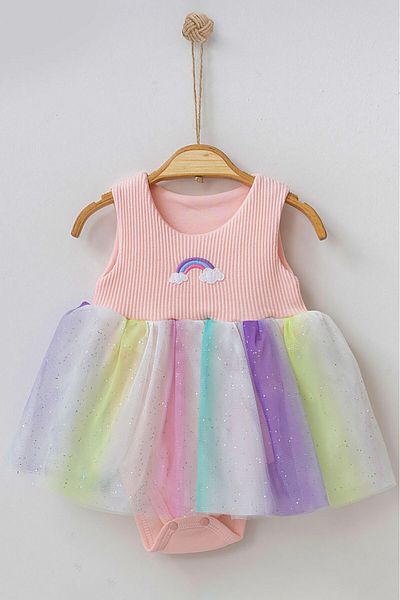 Beniizle Rainbow Embroidered Tulle Snap Fastener Bodysuit Dress (100% Cotton)