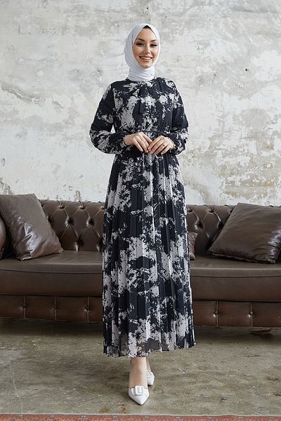 InStyle Φόρεμα σιφόν με γιακά Diva ζωσμένο - μαύρο