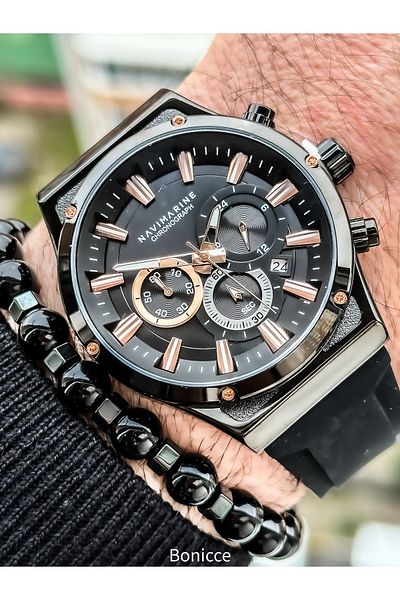 Navimarine Brand Black Silicone Band Functions Active Men's Wristwatch+bracelet