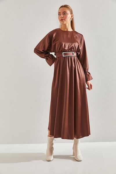 Bianco Lucci Modest Women's Belted Balloon Sleeve Satin Hijab Dress60151013