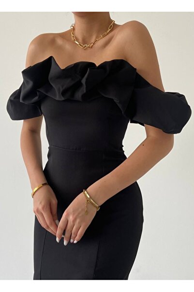 lovebox Kadın Atlas Kumaş Fırfırlı Yaka Tasarım Siyah Mini Abiye Elbise 223