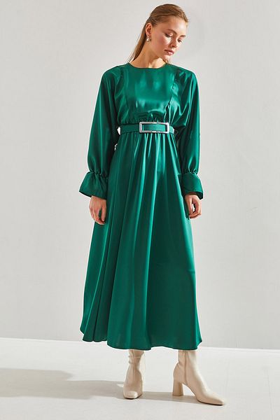 Bianco Lucci Modest Women's Belted Balloon Sleeve Satin Hijab Dress60151013