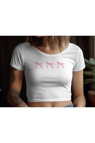 Gofeel White Pink Ribbon Bow Patterned Crop Body
