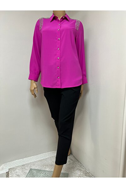 TIAJOVEN BÜYÜK BEDEN OMUZLARI TAŞ İŞLEMELİ ŞIK GÖMLEK