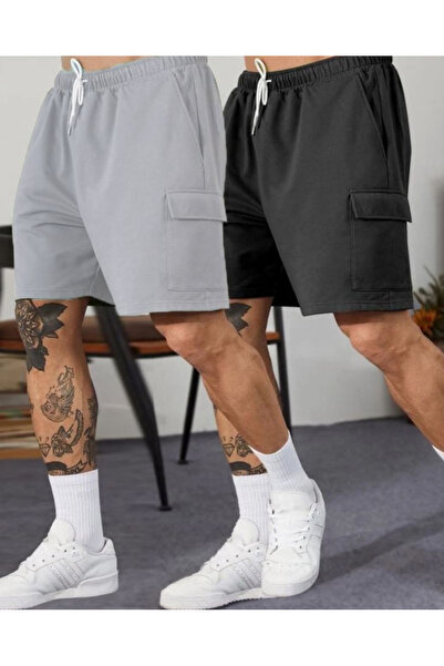 Genel Markalar Unisex Düz Baskısız Yazlık Kargo Cepli  Şort  2 Li Ürün Siyah ...