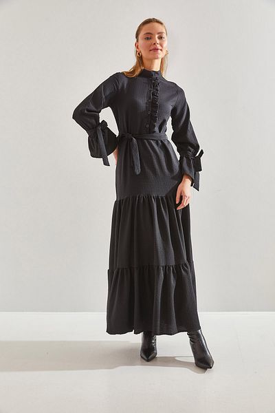Bianco Lucci Modest Women's Seersucker Fabric Hijab Dress with Marrow Sleeves and Tie Waist60151018