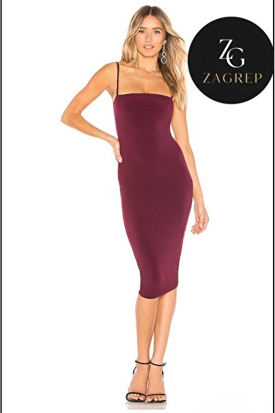 Zagrep Women's Burgundy Strap Midi Dress Silk Jersey Lined Does Not Show Inside