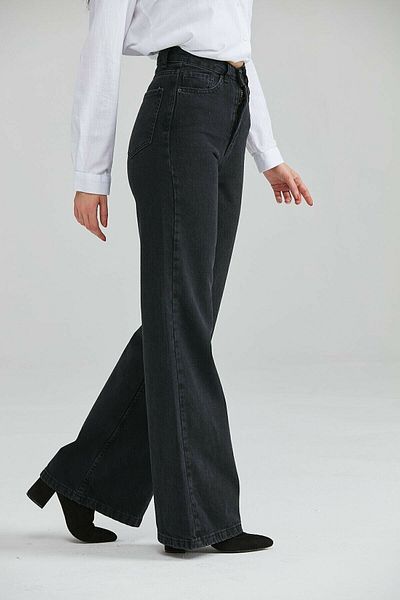 Trn JNS Blugi de damă negri cu talie super înaltă cu picioare largi - Pantaloni din denim cu picioare largi din lycra