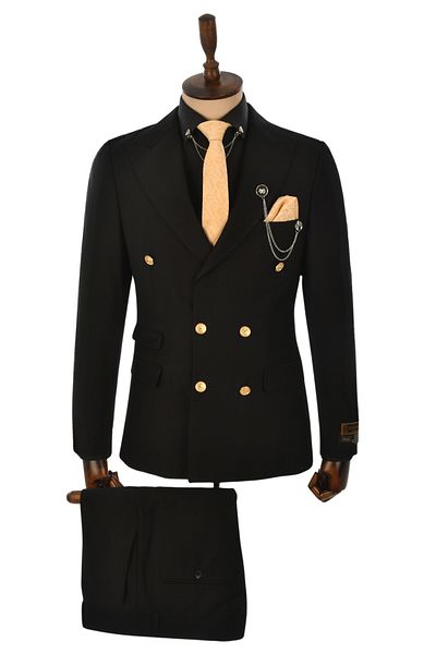 DeepSEA Men's Black Metal Buttoned Pocket Detailed Slim Fit Double Breasted 2-Piece Suit2300325