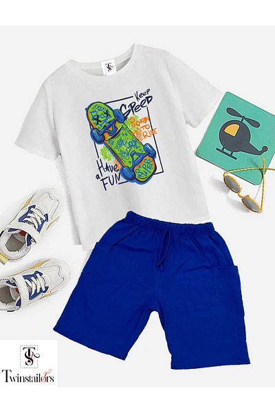 twins tailors Skateboard Printed White-Blue Unisex Summer Bottom Top Kids Set